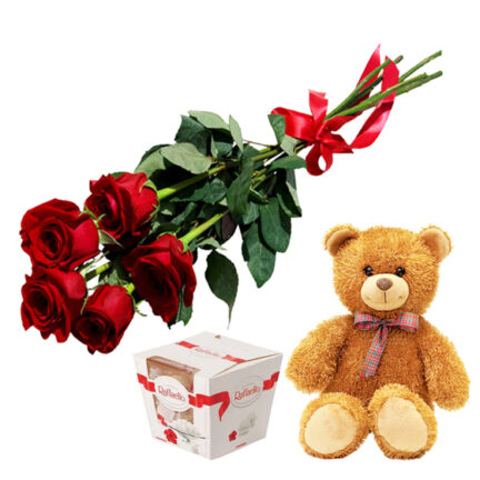 Подарочный набор с мишкой, розами (5) и конфетами Раффаэлло