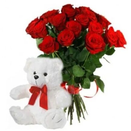 Набор (букет из тюльпан 15шт, конфеты Мерси, мишка 30см) Набор с мишкой и букетом из роз (17)