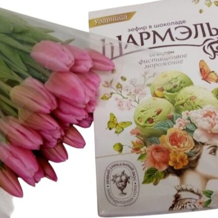 Букет из розовых тюльпан 15шт и зефир Букет из розовых тюльпан 15шт и зефир